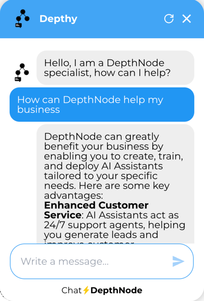 Depthnode chatbot screenshot chatbot AI assistant chat window