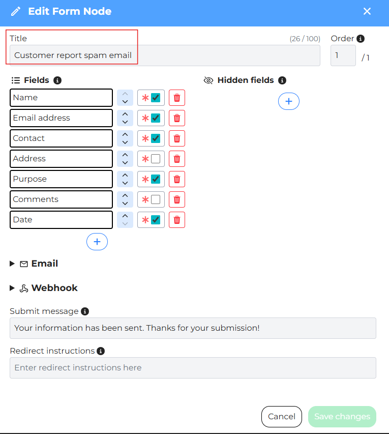 adding fields to your form node marking which is the required one.