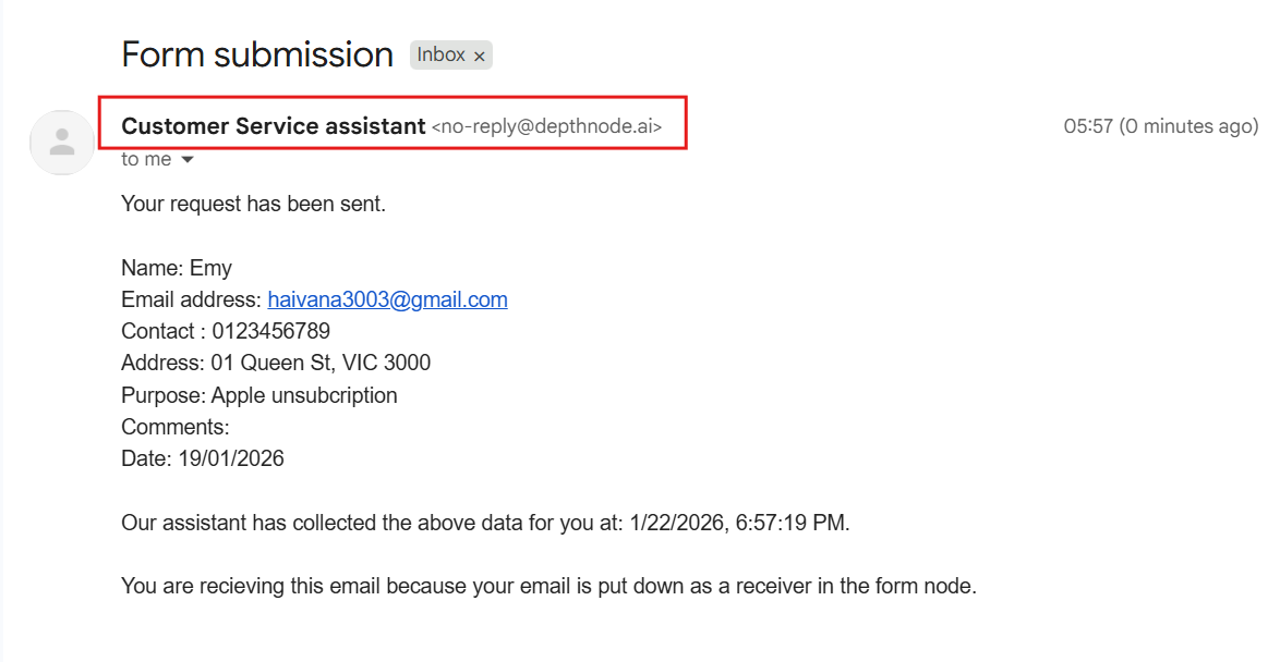 An email sent noted that your information has been collected