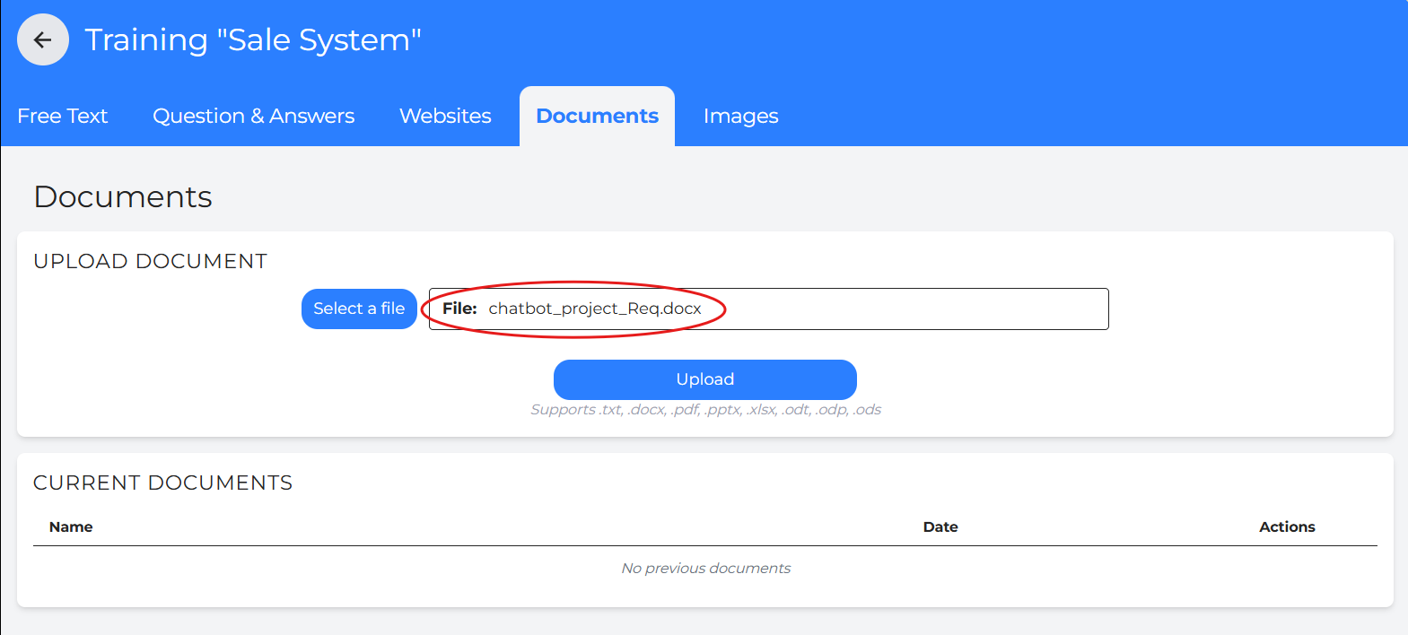 Training the assistant by uploading documents